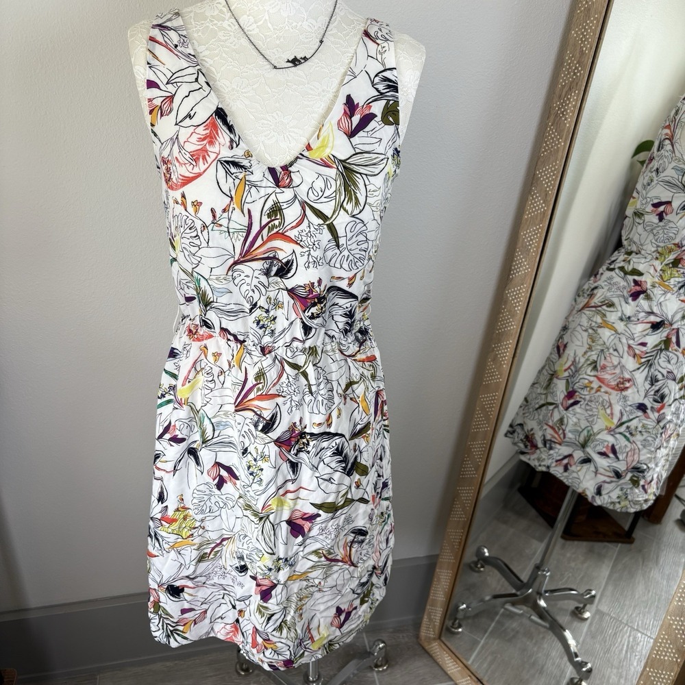 A New Day Womens S White Floral Dress Tropical Botanical Summer Rayon Lined